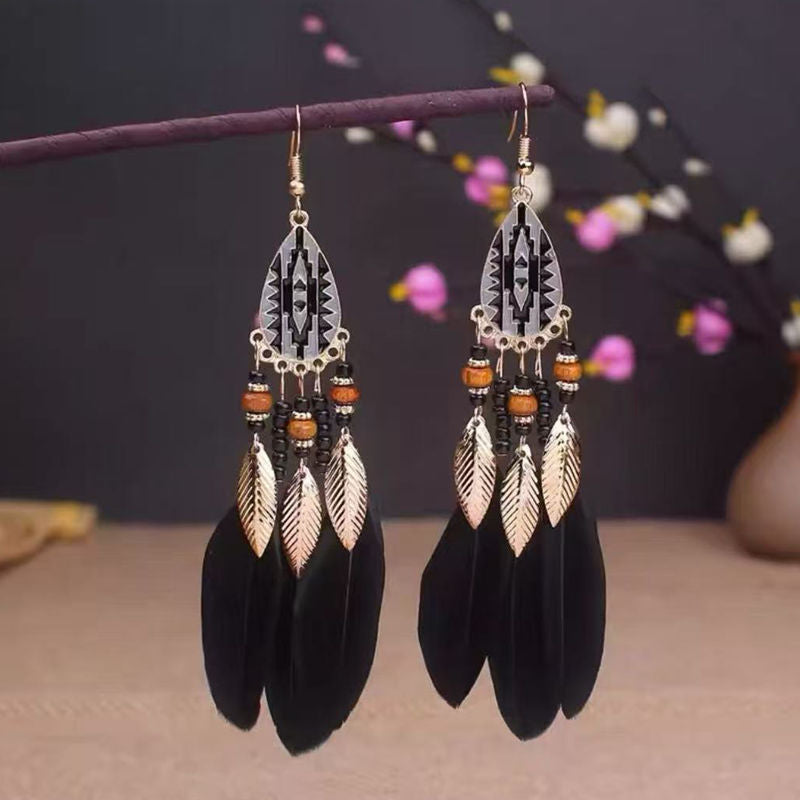 Boho Blue Feather Tassel Earrings | Ethnic Style Niche Design Jewelry