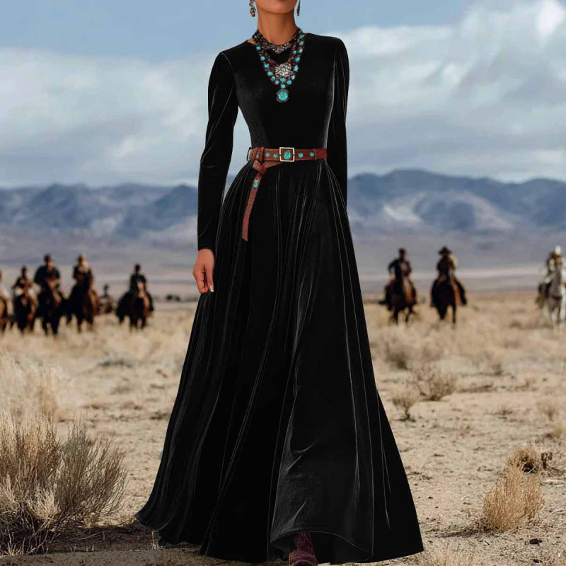 American Western Style Velvet Waist-Cinching Flare Maxi Dress