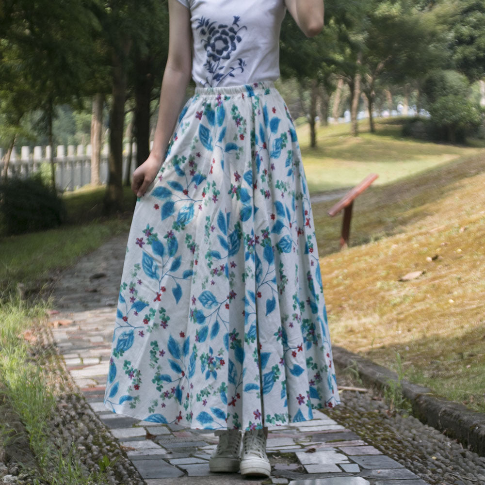 Cotton and linen printed maxi skirt | Retro ethnic style elastic waist midi skirt