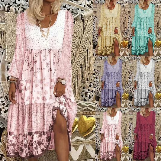 Bohemian Print Patchwork Split Long Sleeve Tiered Maxi Dress