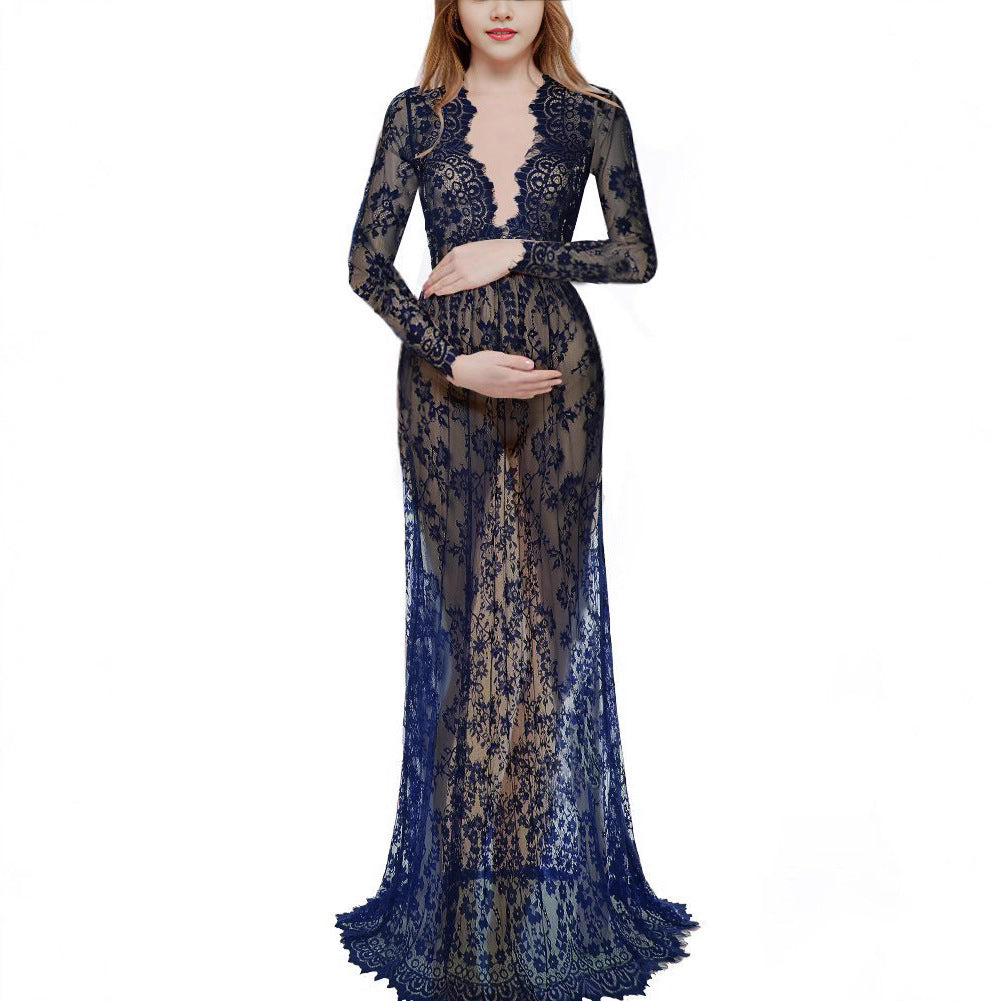 Maternity Photo Shoot Lace Sheer Trailing Maxi Dress