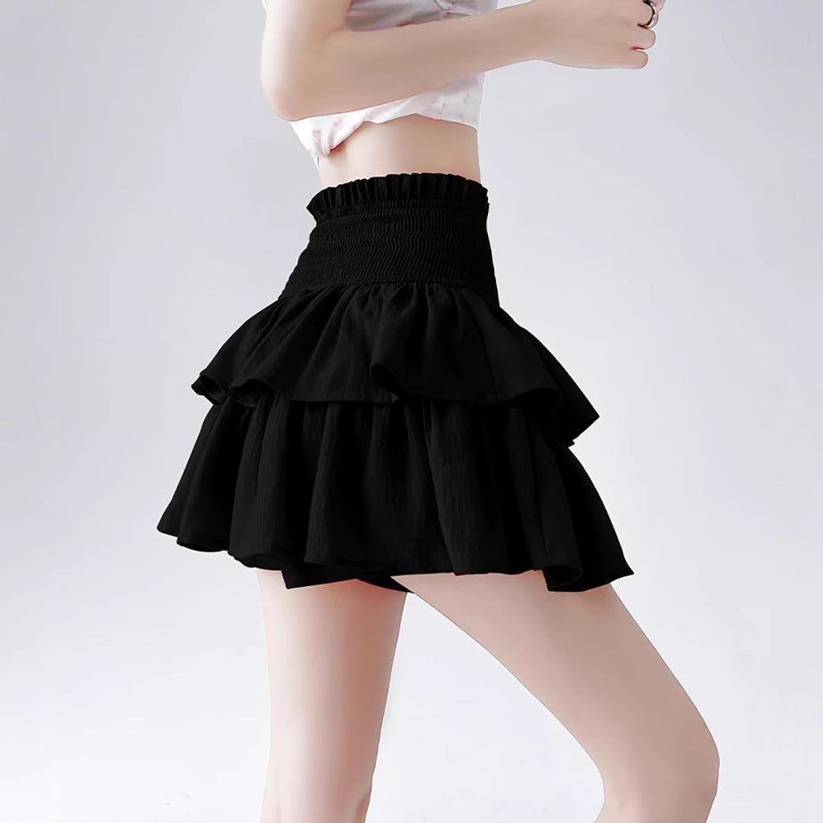 Bohemian Solid Color Smocked High Waist Tiered Ruffle Mini Skirt