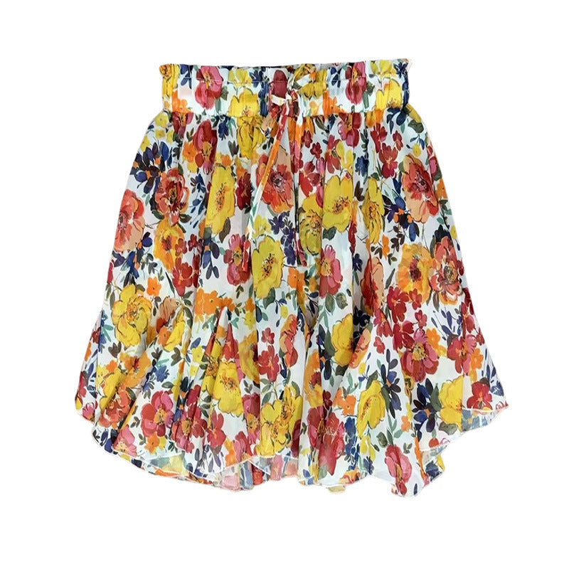 Bohemian Floral/Leopard Print Elastic Waist Drawstring Chiffon Skirt