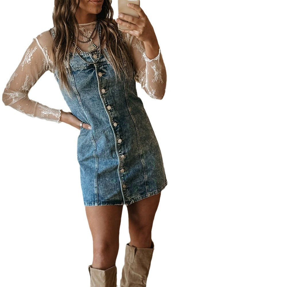 Vintage Western Style Washed Denim Cami Mini Dress | Y2K Single Breasted Waist-Cinching A-Line Dress