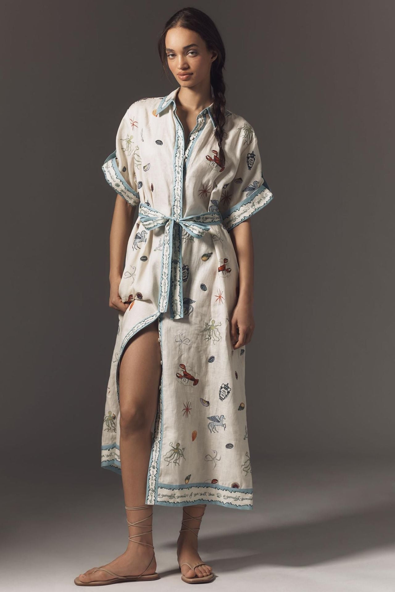 Vintage Ocean Print Belted Waist-Cinching Split Maxi Shirt Dress