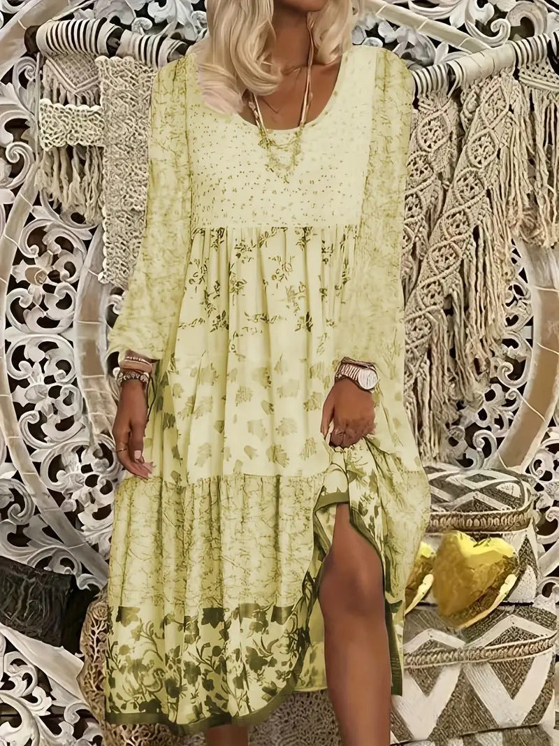 Bohemian Print Patchwork Split Long Sleeve Tiered Maxi Dress