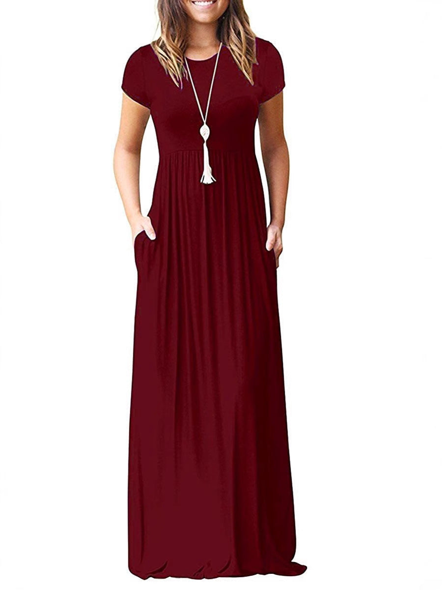 Multi-Color Round Neck Short Sleeve Waisted Maxi Dress