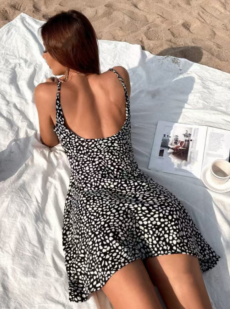 Black & White Polka Dot Cami Cutout Tie Waist Mini Dress
