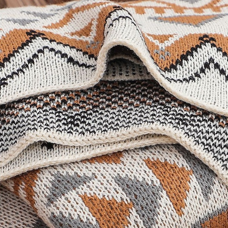 Boho Geometric Jacquard Pom Pom Knitted Throw Blanket | Ethnic Style Decorative Blanket