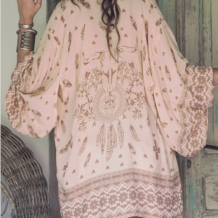 Bohemian Print Loose Open Front Beach Cover Up Kimono