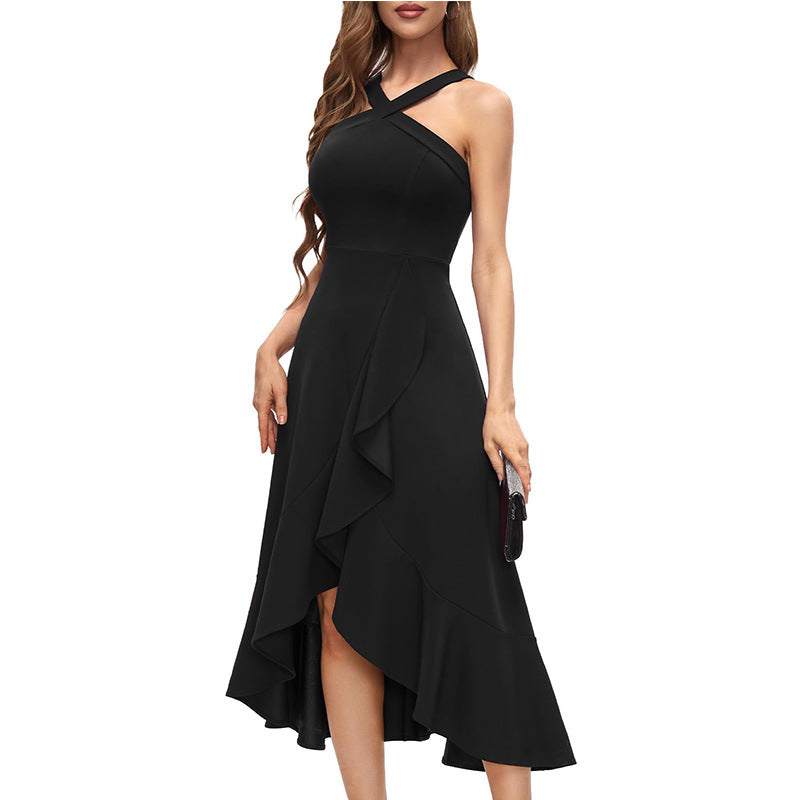 Bohemian Crisscross Halter Sleeveless Asymmetrical Ruffle Midi Dress