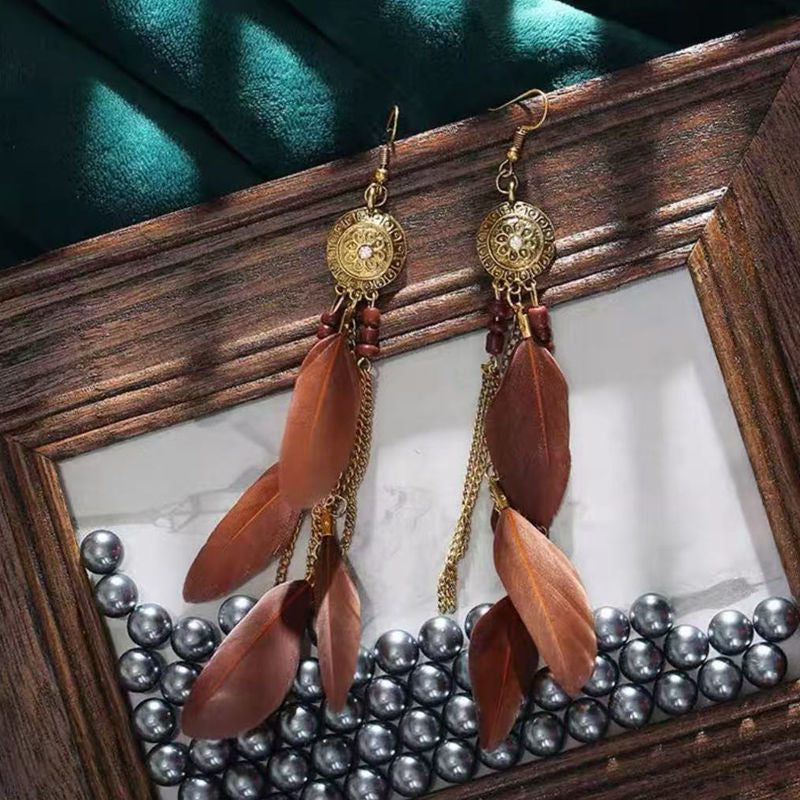Boho Blue Feather Tassel Earrings | Ethnic Style Niche Design Jewelry