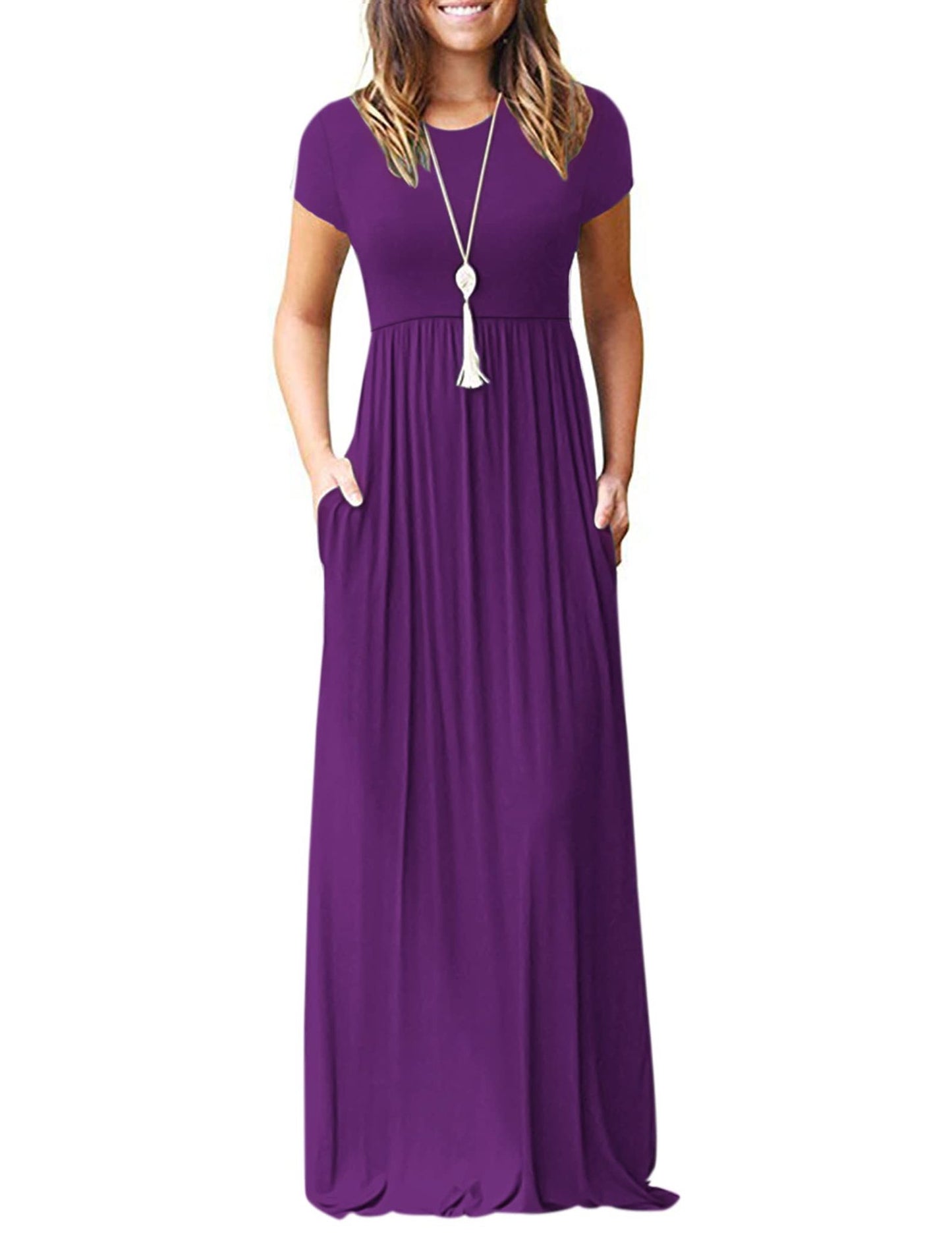 Multi-Color Round Neck Short Sleeve Waisted Maxi Dress