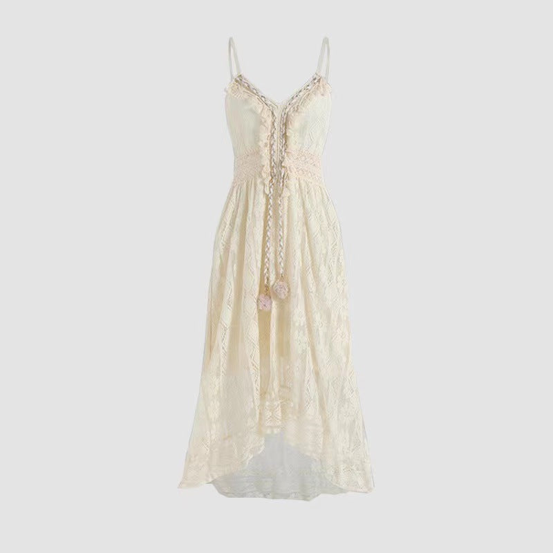 Boho White Lace V-Neck Cami Asymmetrical Maxi Dress | Vacation Style Elegant Waist-Cinching Slimming Dress