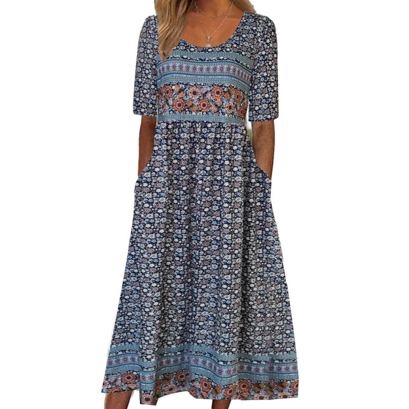Bohemian Floral V-Neck Half Sleeve Pocket Midi Dress | Vacation Style Loose Maxi Dress