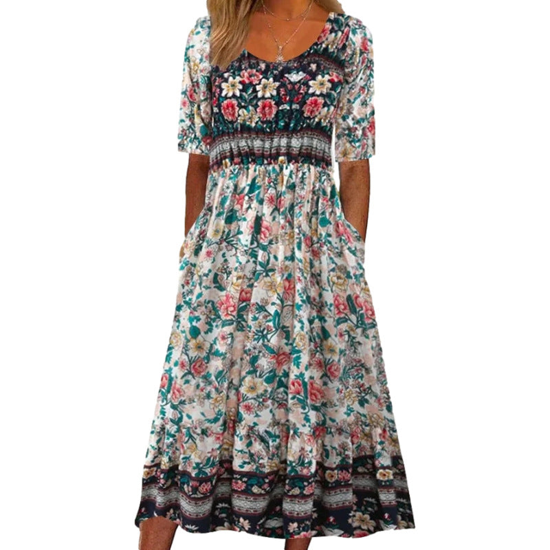 Bohemian Floral V-Neck Half Sleeve Pocket Midi Dress | Vacation Style Loose Maxi Dress