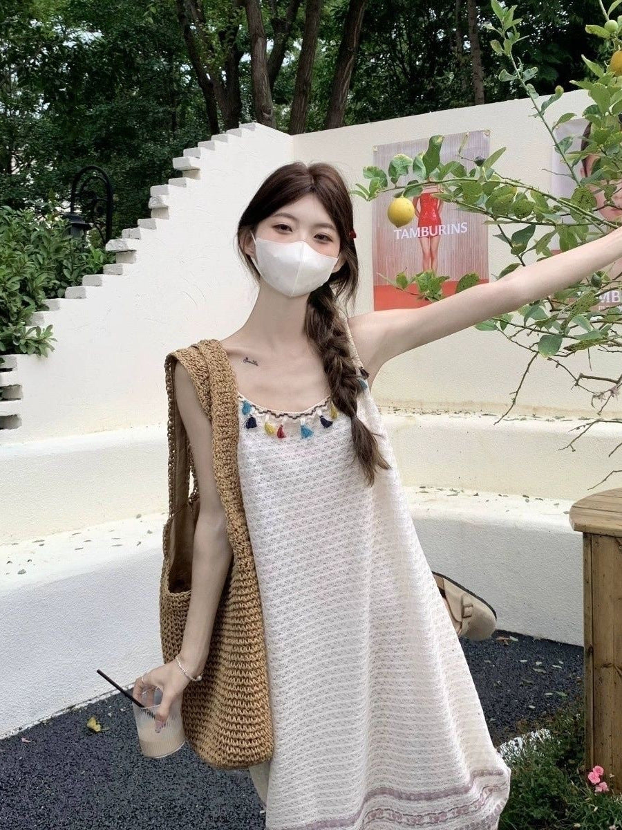 Boho Color Tassel Fringe Jacquard Cami Maxi Dress | Ethnic Style Vacation Loose Slimming Dress