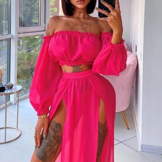 Boho Off-Shoulder Puff Sleeve Crop Top & High Slit Sheer Maxi Skirt Set