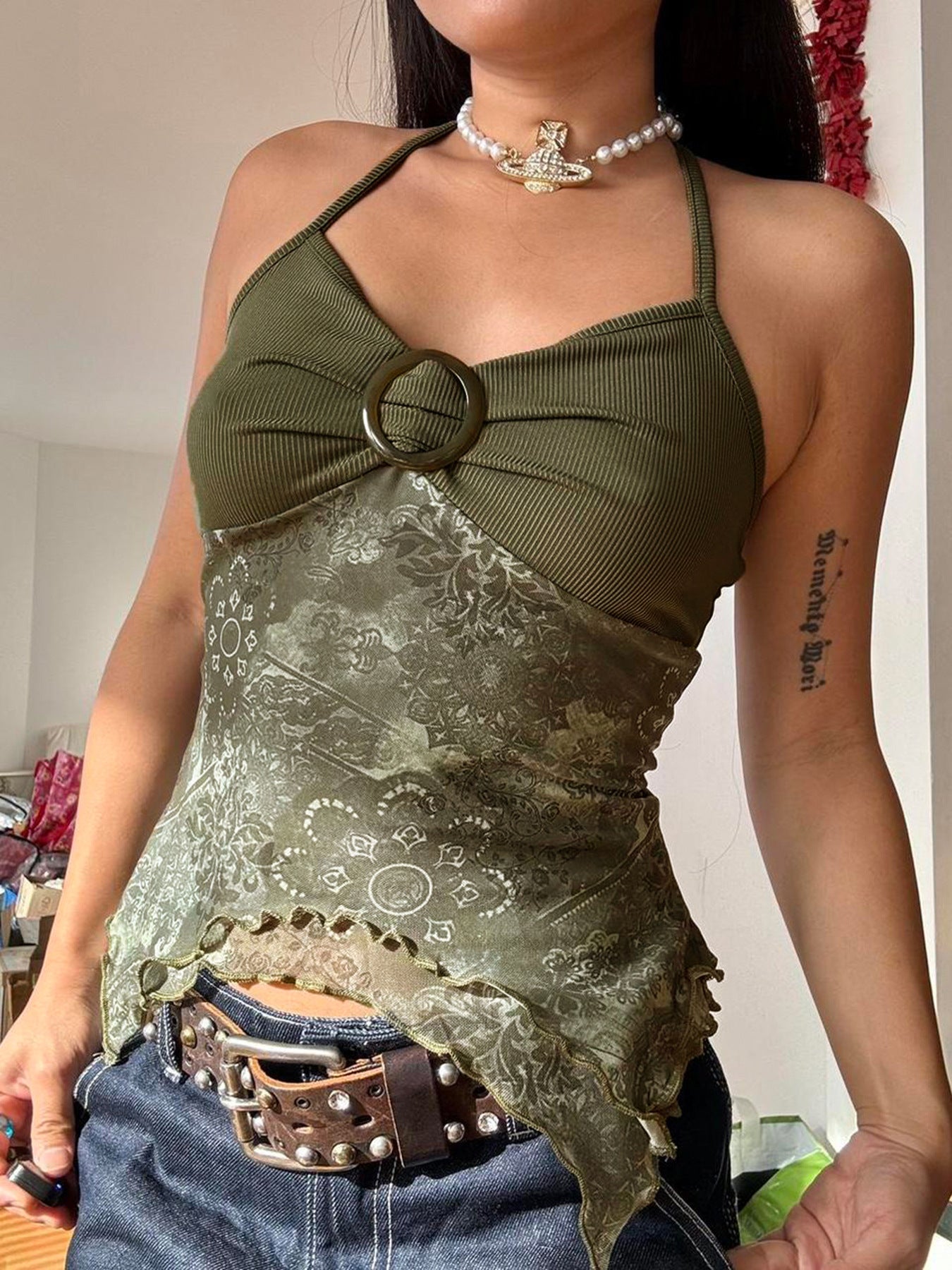 Bohemian Vintage Print Halter Lace Cami Top