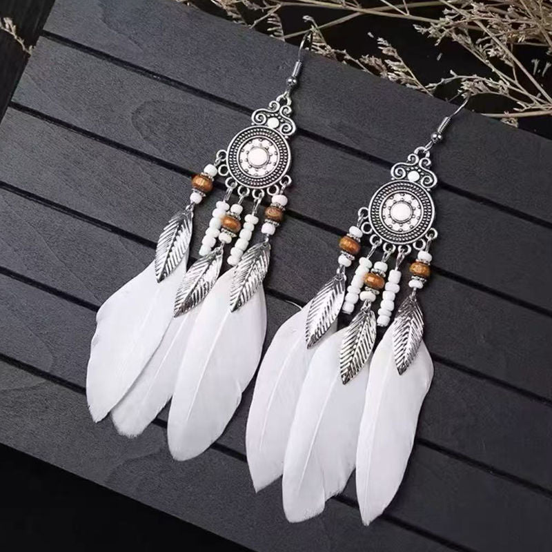 Boho Blue Feather Tassel Earrings | Ethnic Style Niche Design Jewelry