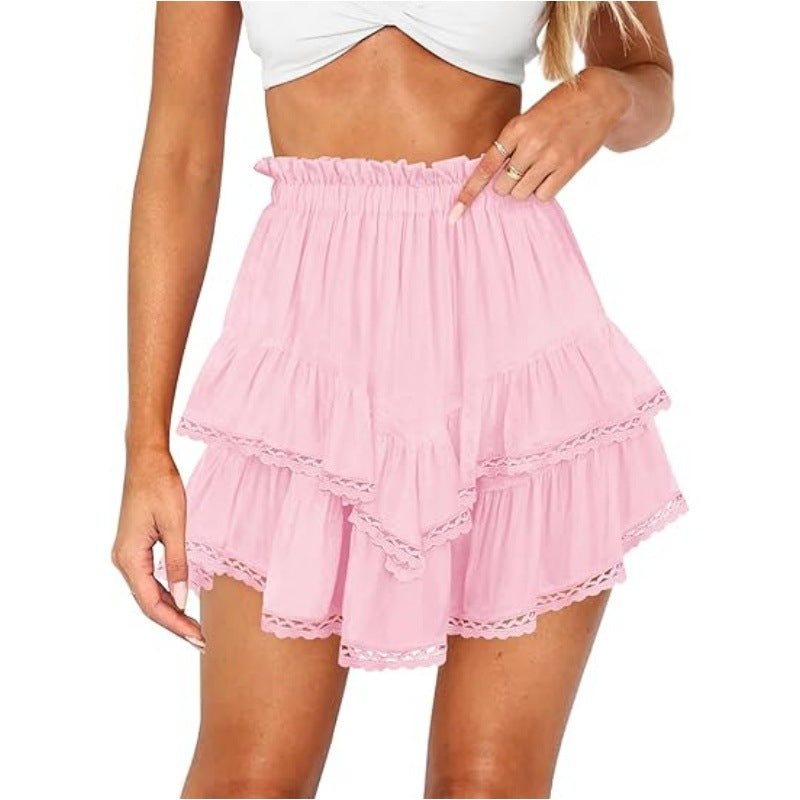 Multi-Color Lace Trim Double Ruffle Mini Skirt | High Waist Elastic A-Line Skirt