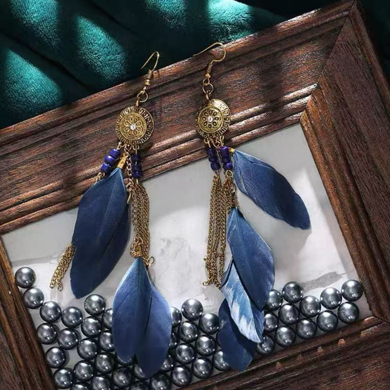 Boho Blue Feather Tassel Earrings | Ethnic Style Niche Design Jewelry