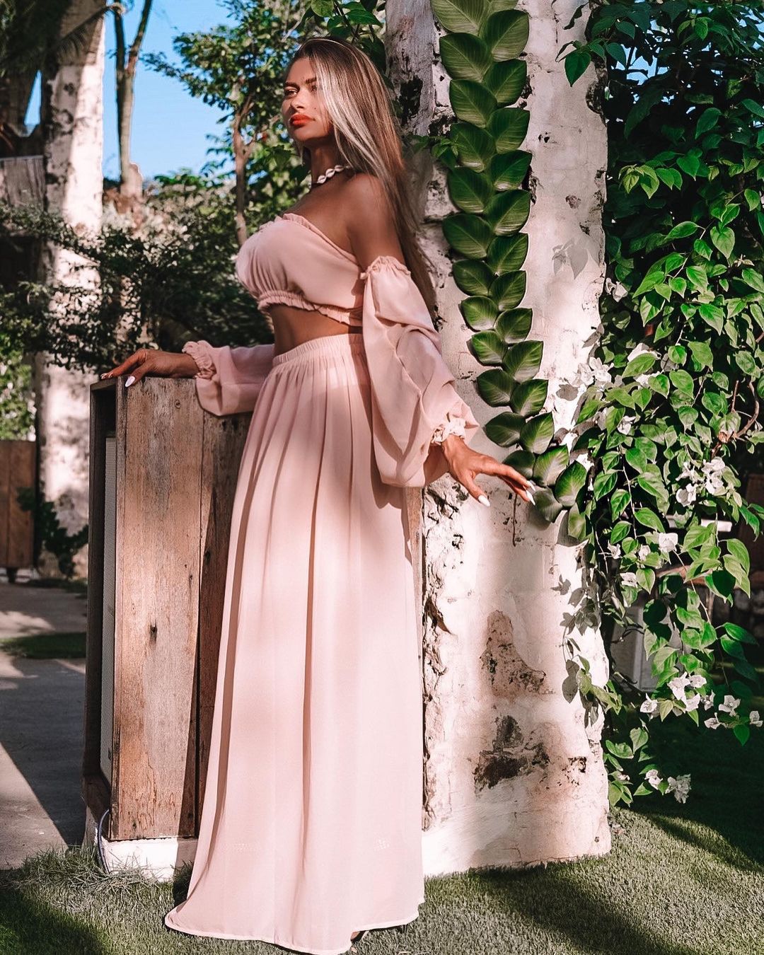 Boho Off-Shoulder Puff Sleeve Crop Top & High Slit Sheer Maxi Skirt Set