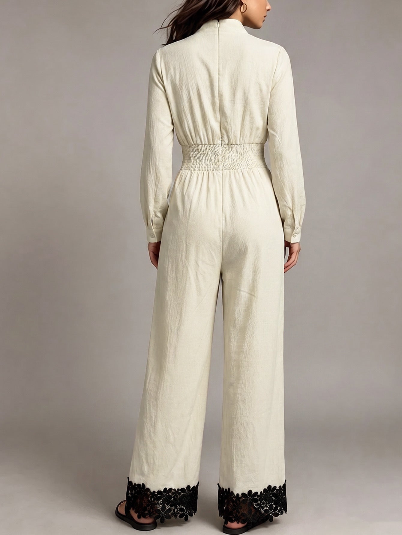 Apricot High Mock Neck Long Sleeve Self-Tie Belt Wide-Leg Contrast Lace Hem Jumpsuit