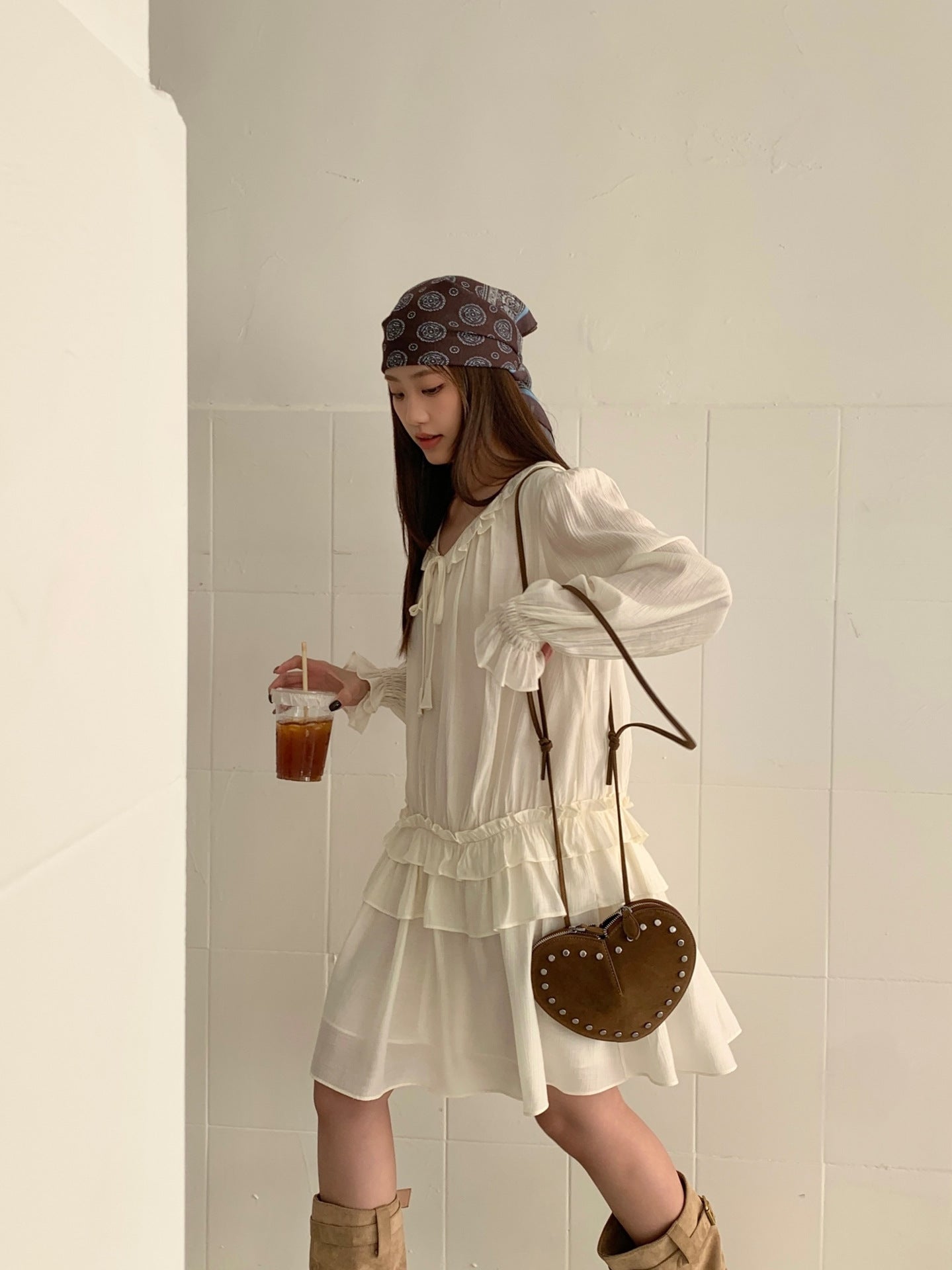 Beige Ruffle Tie-Neck  Blouse | Soft Loose Chiffon Top