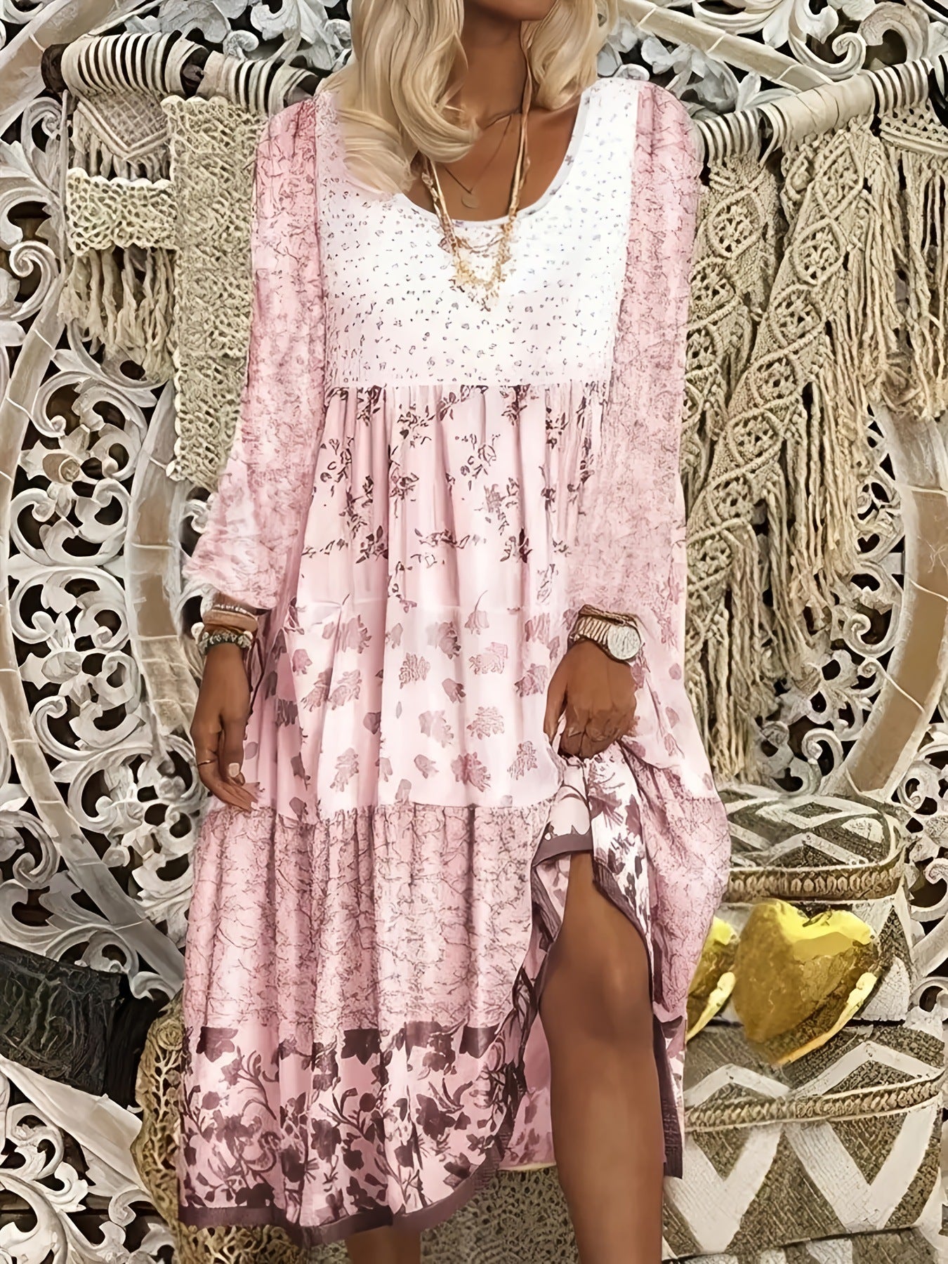 Bohemian Print Patchwork Split Long Sleeve Tiered Maxi Dress