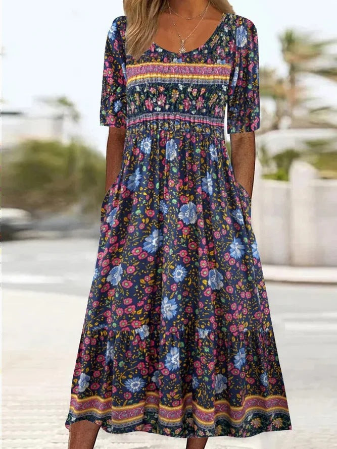 Bohemian Floral V-Neck Half Sleeve Pocket Midi Dress | Vacation Style Loose Maxi Dress