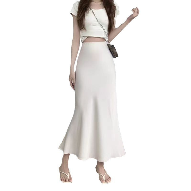 French Satin High Waist Slim Fit Mermaid Maxi Skirt | Elegant Commuter Drape A-Line Flare Skirt