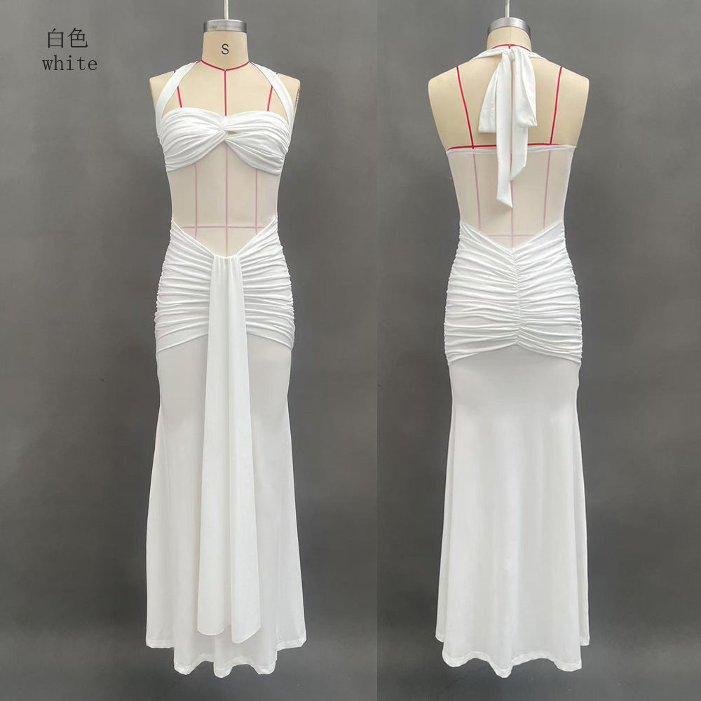 Halter Neck Mesh Panel Twist Waist Mermaid Maxi Dress | Luxury Sexy Evening Gown