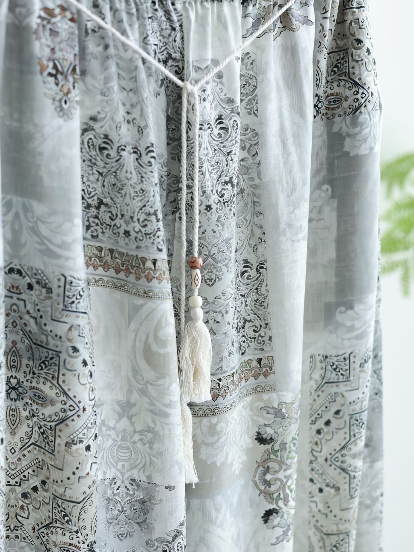 Boho Vintage Printed Drawstring Tassel Wide Leg Pants | Relaxed Fit Drape Casual Trousers