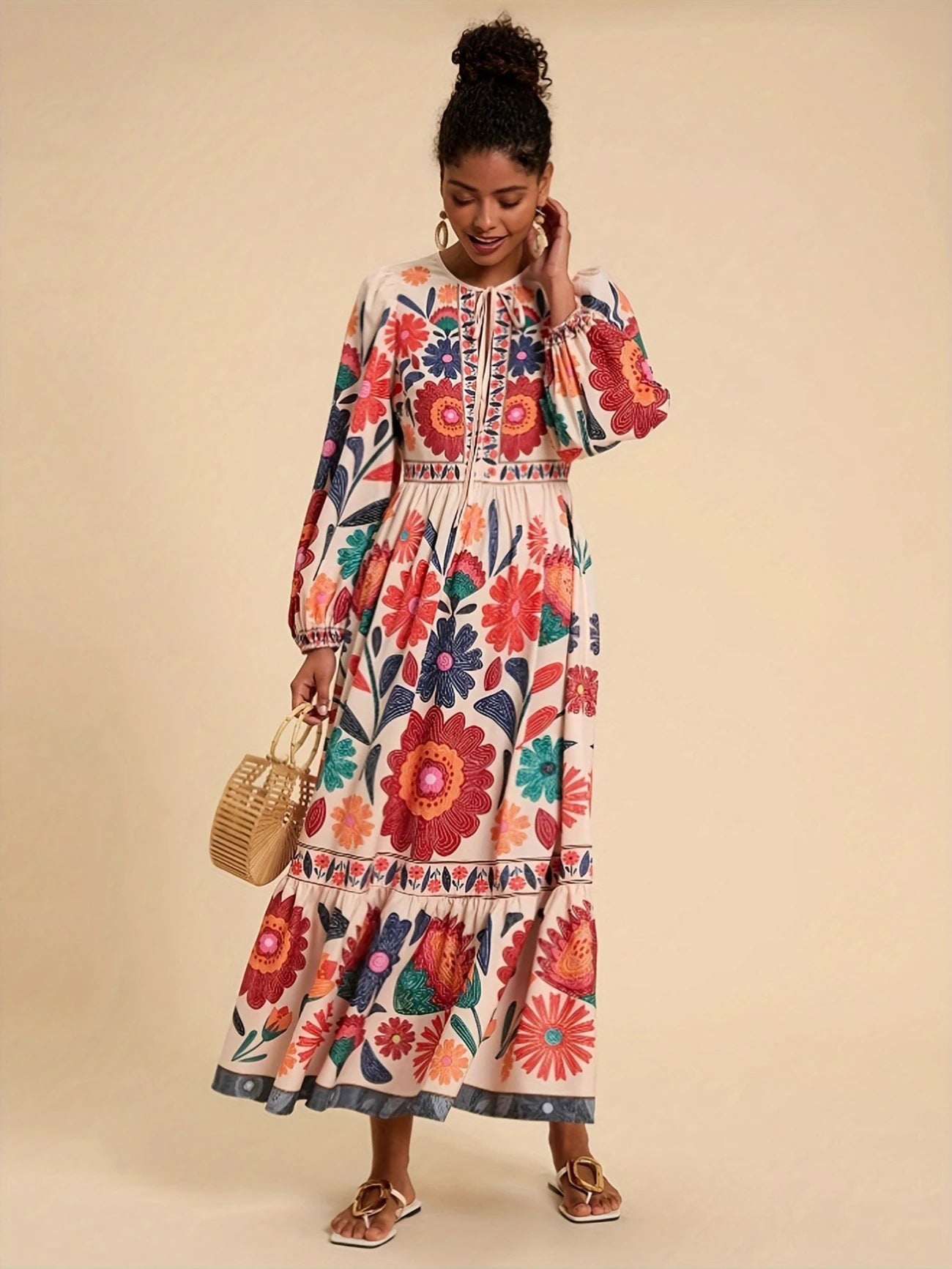 Boho Vintage Floral Print Tie-Neck Long Sleeve Maxi Dress