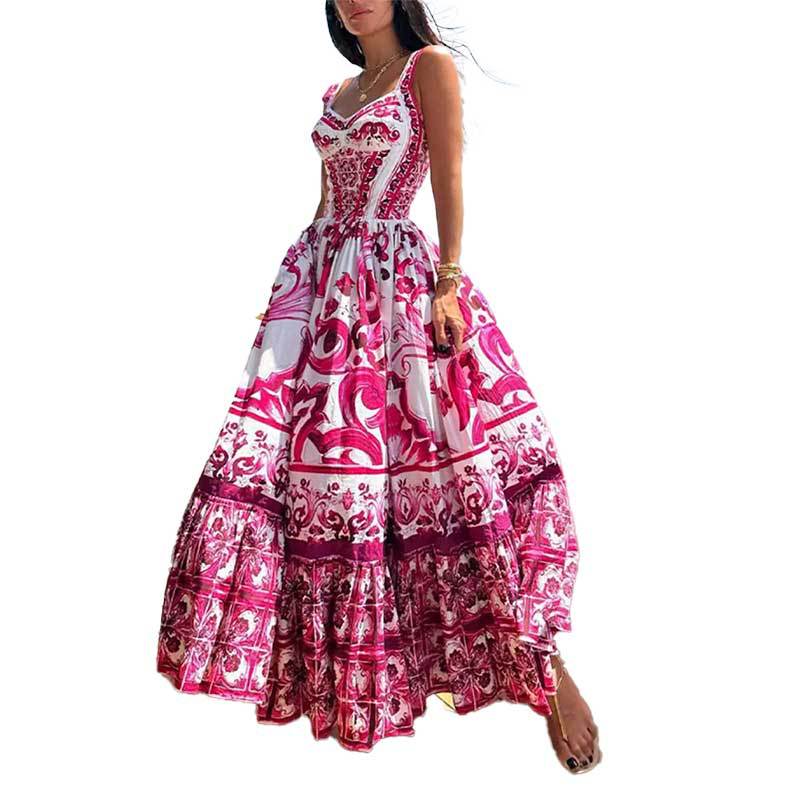 Sicilian Style Blue and White Porcelain Print Spaghetti Strap Maxi Dress | Vacation Style High Waist Tiered Dress