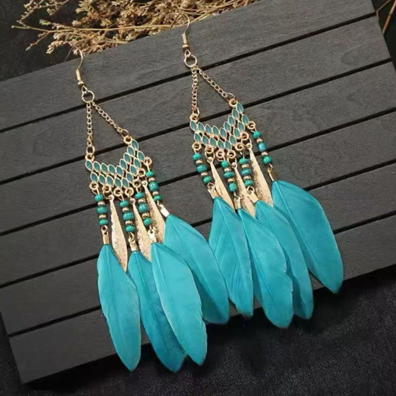 Boho Blue Feather Tassel Earrings | Ethnic Style Niche Design Jewelry