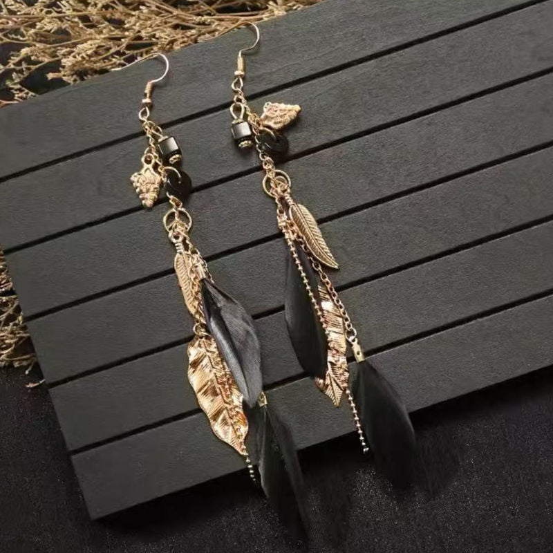 Boho Blue Feather Tassel Earrings | Ethnic Style Niche Design Jewelry