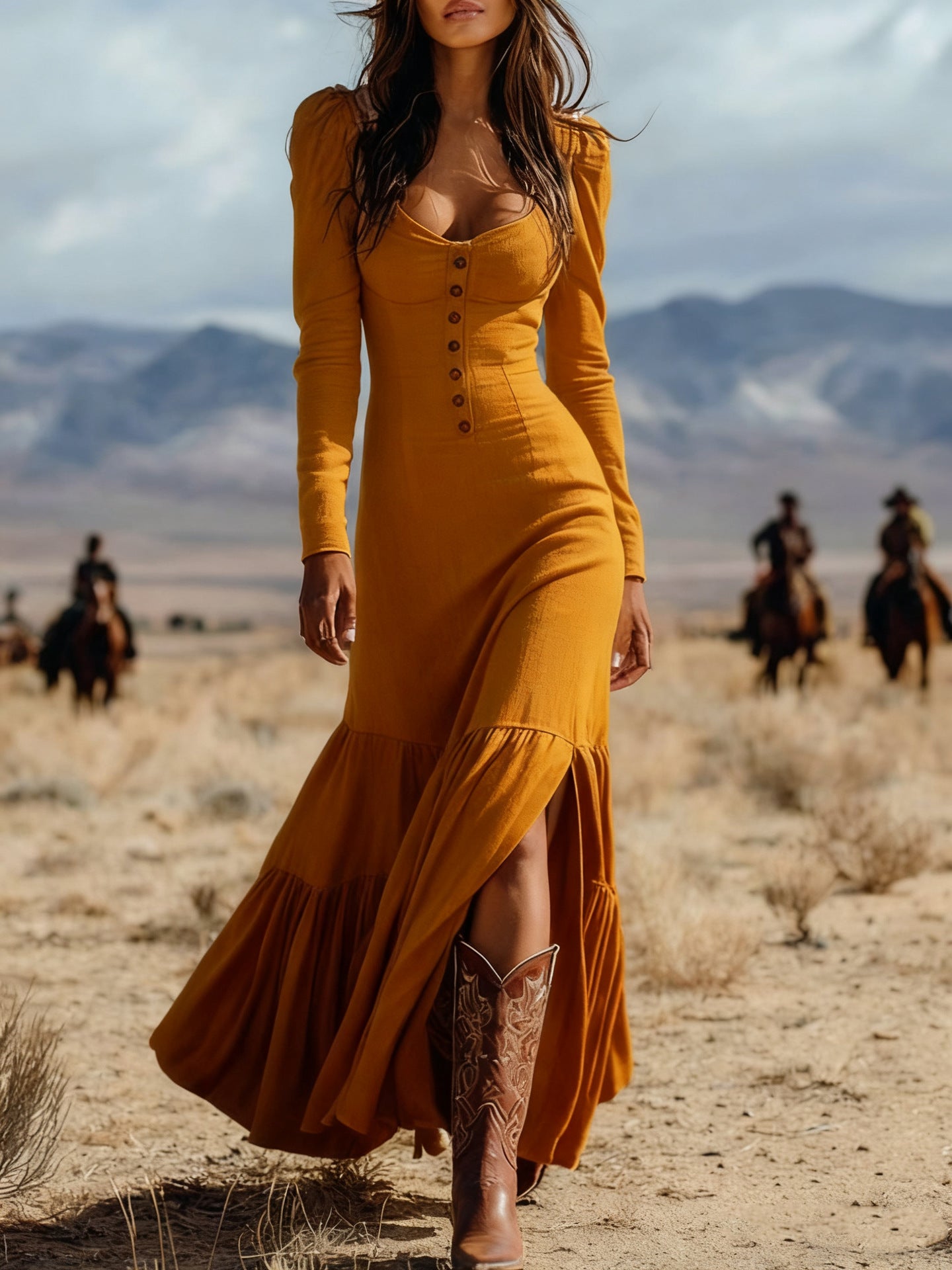 American Western Style Square Neck Button Slit Long Sleeve Flare Maxi Dress | Retro Vacation Slimming Long Dress