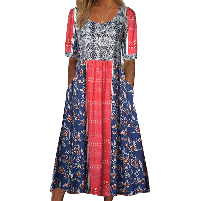 Bohemian Floral V-Neck Half Sleeve Pocket Midi Dress | Vacation Style Loose Maxi Dress