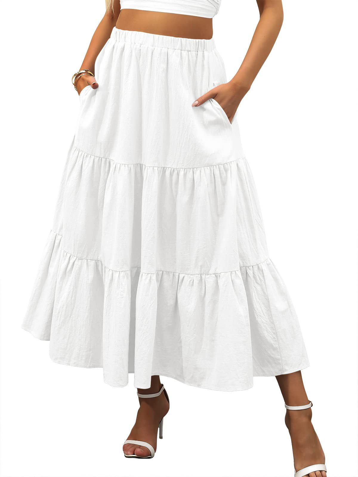 Bohemian Solid Color Elastic Waist Tiered Ruffle Maxi Skirt