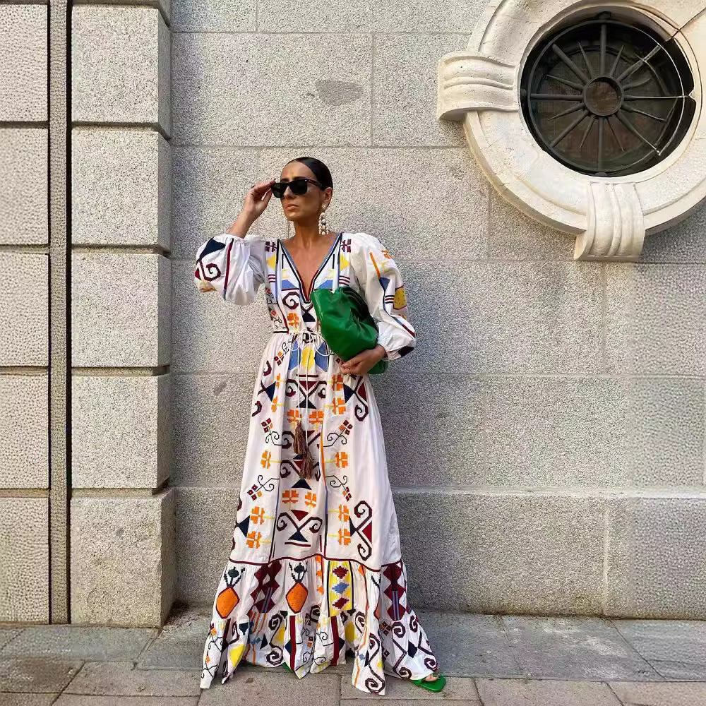 Boho Geometric Embroidered V-Neck Tie Waist Lantern Sleeve Maxi Dress