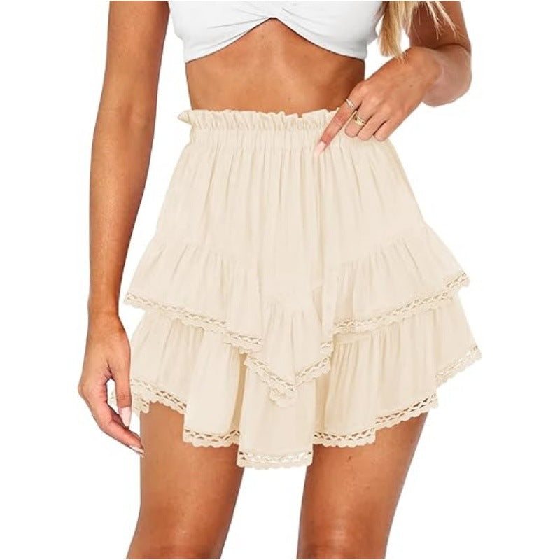 Multi-Color Lace Trim Double Ruffle Mini Skirt | High Waist Elastic A-Line Skirt
