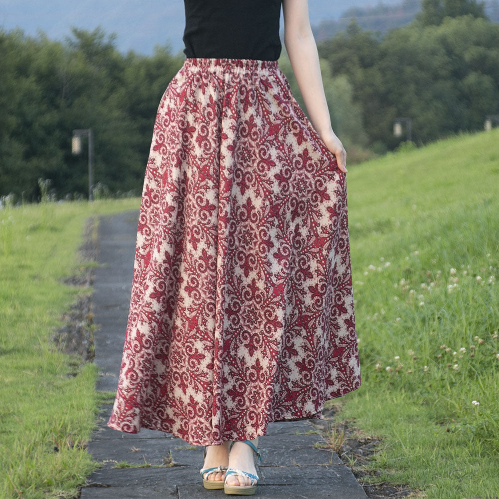 Cotton and linen printed maxi skirt | Retro ethnic style elastic waist midi skirt