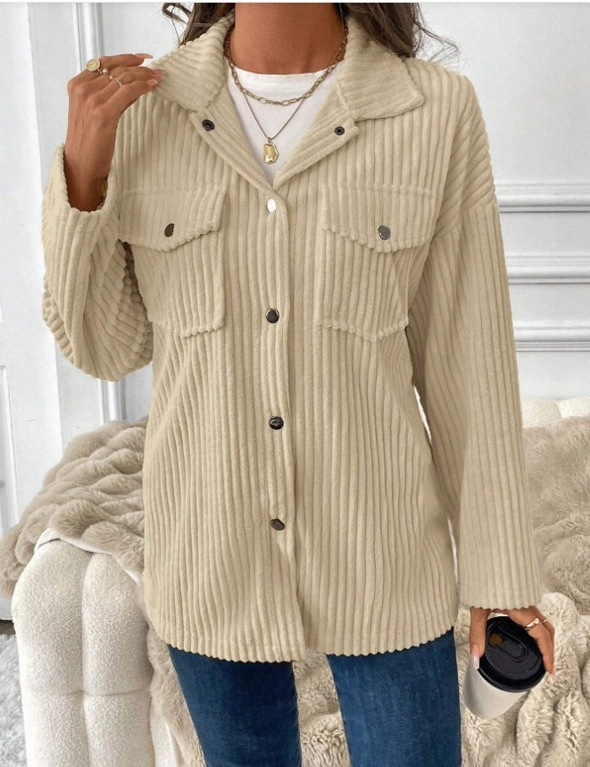 Beige Corduroy Boho Loose Shirt Jacket