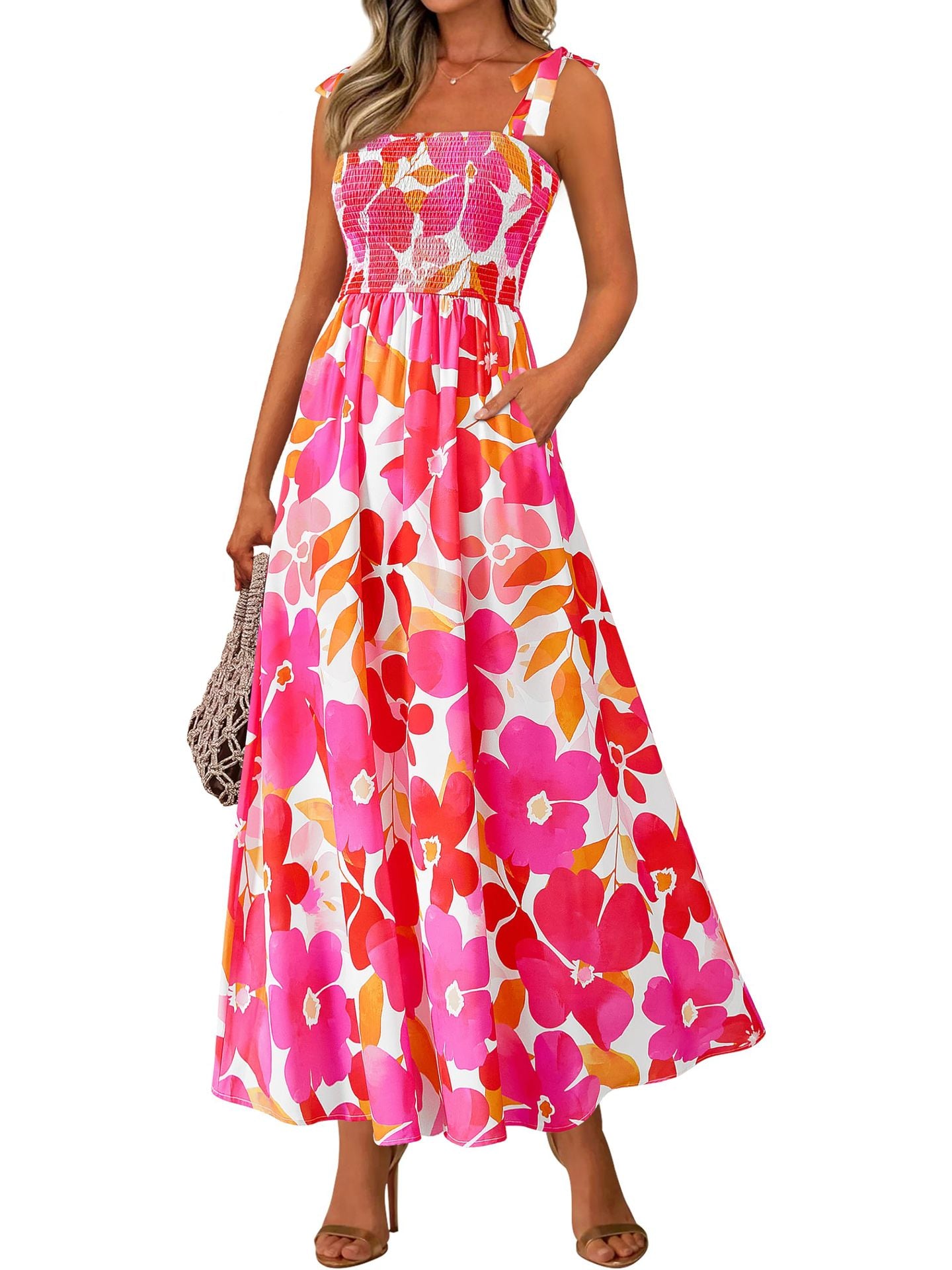 Multi-Color Boho Print Tie-Strap Cami Maxi Dress