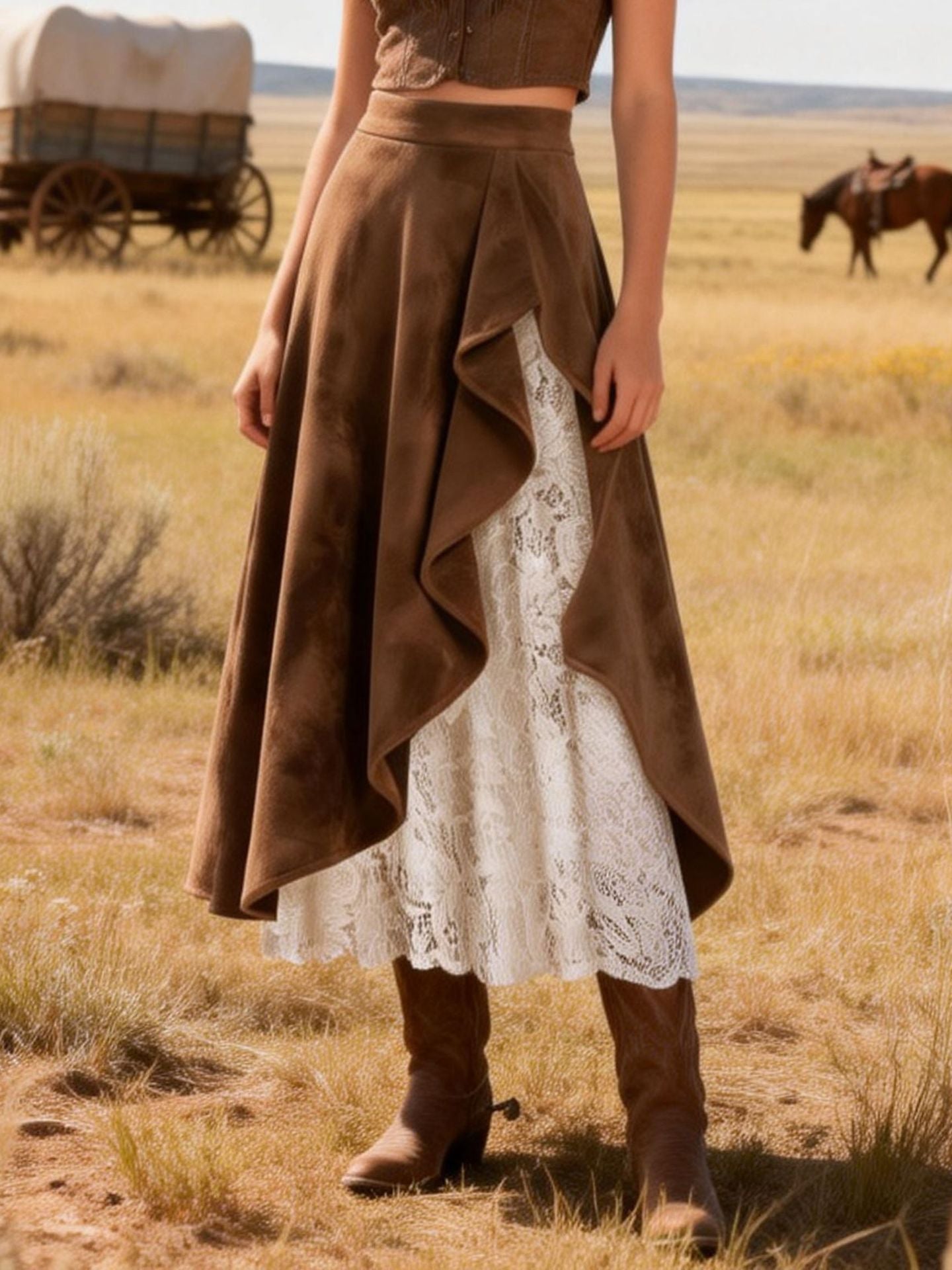 Vintage Western Style Suede Lace Ruffle High Waist Flare Maxi Skirt | Boho Slimming A-Line Skirt
