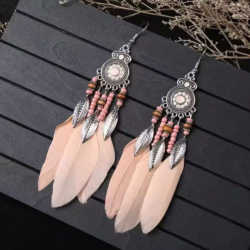 Boho Blue Feather Tassel Earrings | Ethnic Style Niche Design Jewelry