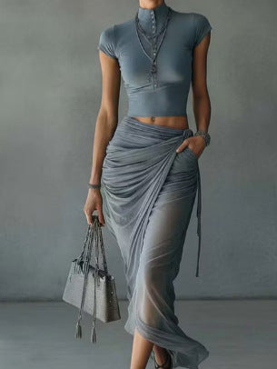 Stand Collar Fitted Crop Top & Ruched Chiffon Midi Skirt Two-Piece Set