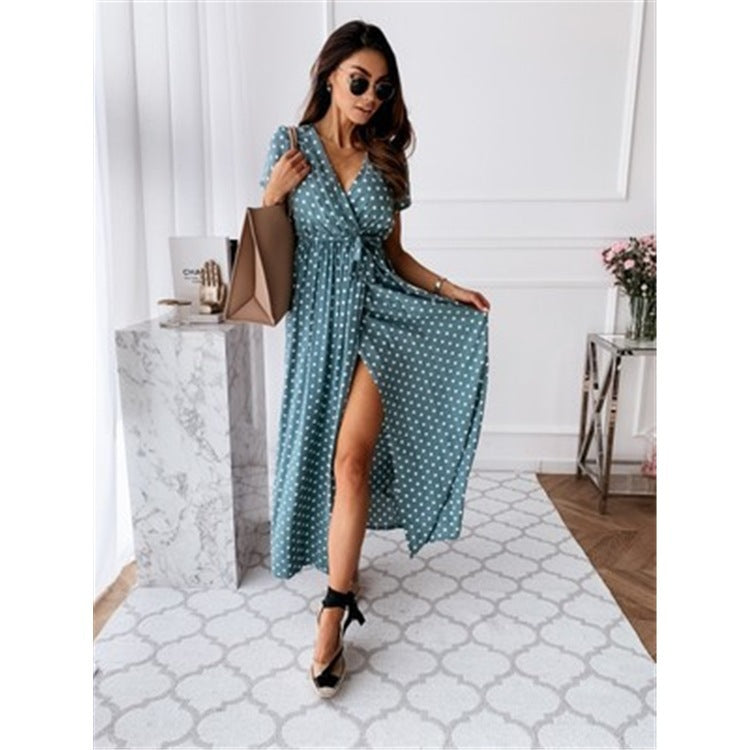 Polka Dot V-Neck High Waist Slit Maxi Dress | French Vacation Style Short Sleeve Dress